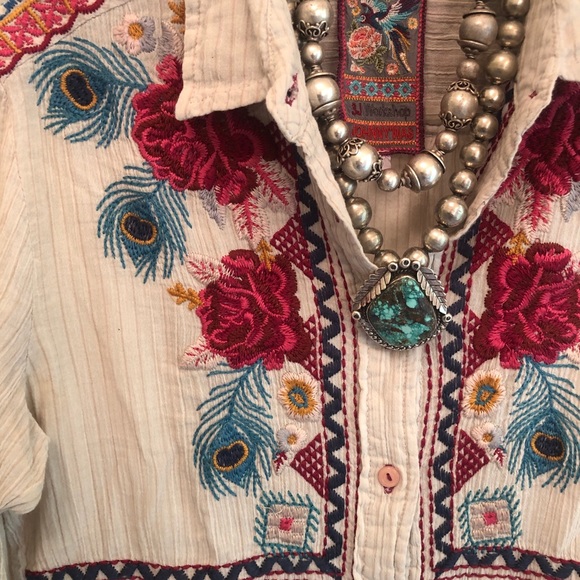 JOHNNY WAS * Floral Peacock Feather Collar Button Front Shirt - Picture 3 of 4